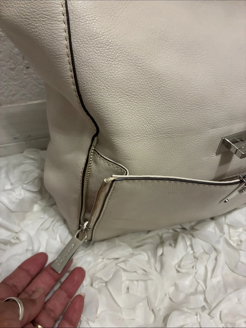 Michael Kors Vanilla Leather Shoulder Hobo with Front Pocket